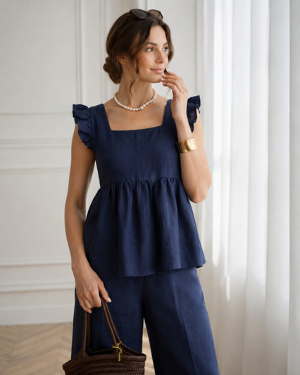 Natural Linen Two Piece Set, Flutter Sleeve Top and Relaxed Wide Leg Pants, Casual Summer Outfit for Women