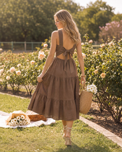 Linen Tiered Dress, Sleeveless Midi Sundress, Open Back Tie Dress, Romantic Summer Linen Dress