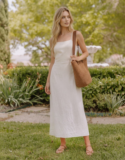 Natural Linen Slip Dress, Open Back Tie Midi Dress, Spaghetti Strap Summer Sundress, Garden Party Dress