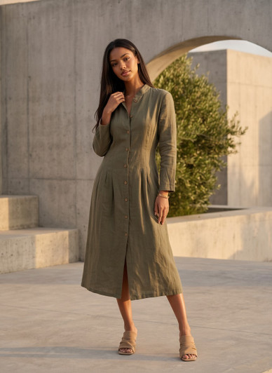 Linen Shirt Dress, Long Sleeve Midi Dress, Button Front Linen Dress, Minimal Summer Shirt Dress