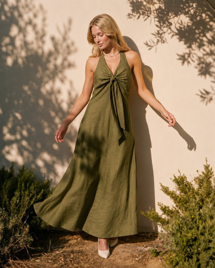 Linen Halter Dress, Front Bow Maxi Dress, Sleeveless Resort Wear Summer Dress for Women