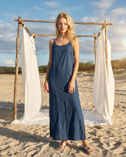 Sleeveless Linen Dress, Spaghetti Strap Beach Dress, Relaxed Summer Midi Dress with Side Slit