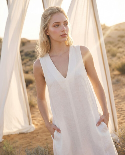 White Linen Midi Dress, Sleeveless V Neck Summer Dress, Minimalist Linen Vacation Dress, Boho Beach Dress