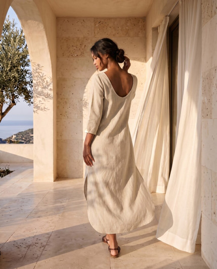 Linen Midi Dress, Loose Long Sleeve Dress, Minimal Boho Summer Dress, Resort Linen Dress