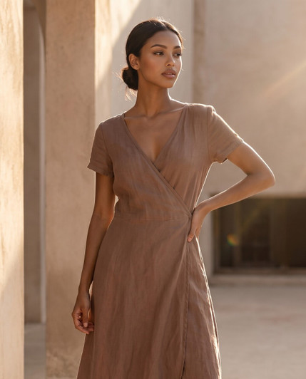 Linen Maxi Dress, Boho Wrap Dress, V Neck Summer Dress, Short Sleeve Linen Resort Wear