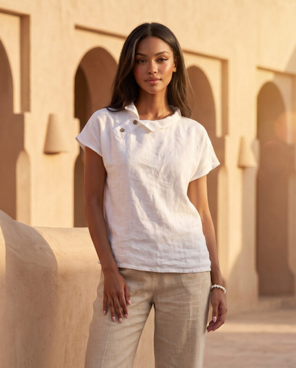 White Linen Top for Women, Short Sleeve Button Collar Blouse, Minimalist Summer Shirt
