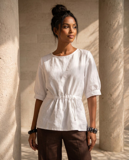 Linen Shirt for Women, Short Sleeve Waist Tie Top, Lightweight Summer Blouse