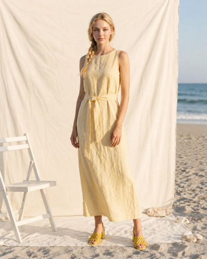 Sleeveless Linen Dress, Midi Beach Dress with Tie Waist, Minimalist Summer Vacation Dress