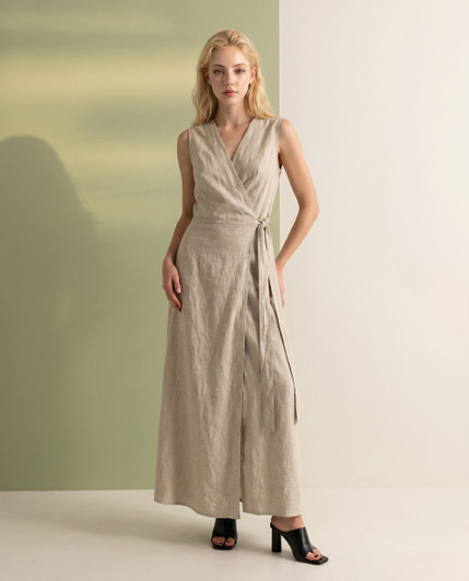 Natural Linen Maxi Wrap Dress for Women, Sleeveless Summer Dress with Side Slit, Beige Linen Vacation Dress