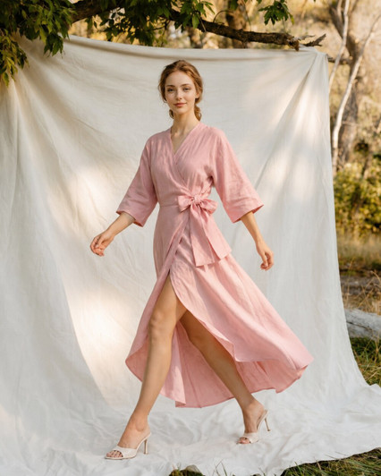 Linen Wrap Midi Dress for Women, Kimono Sleeve Summer Dress, Tie Waist Casual Linen Dress