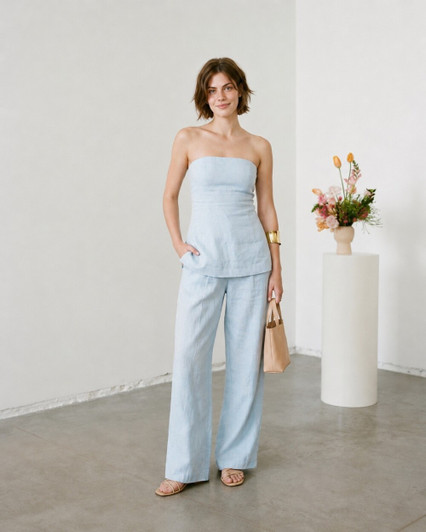 Strapless Linen Co Ord Set, Linen Tube Top with Wide Leg Pants, Elegant Summer Resort Wear for Women