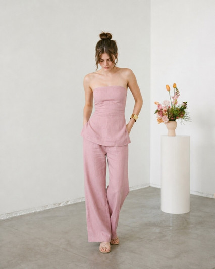 Strapless Linen Pants Set for Women, Summer Two Piece Outfit, Linen Tube Top and Wide Leg Pants Set