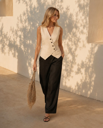 Linen Vest Top, Sleeveless Button Blouse, Tie Back Peplum Top, Summer Linen Waistcoat