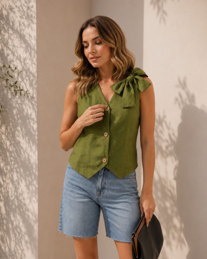 Bow Shoulder Linen Top, Sleeveless Button Front Vest, Summer Linen Blouse, Tie Back Casual Tank
