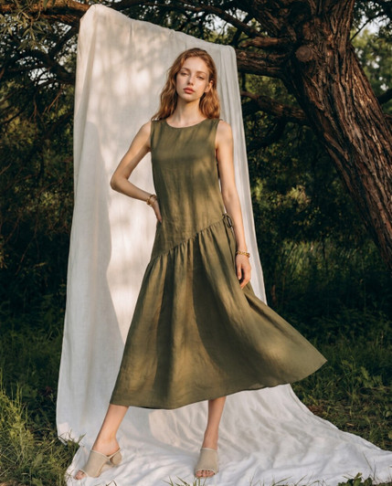 Linen Midi Dress, Sleeveless Drop Waist Dress with Asymmetric Ruffle Hem, Casual Summer Resort Wear