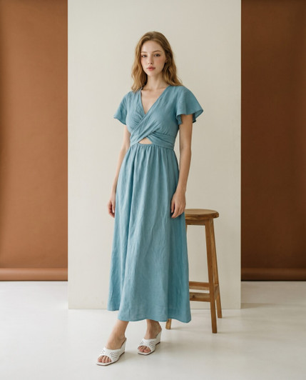 Linen Maxi Dress, Short Sleeve Wrap Style Dress with Waist Tie, Casual Summer Resort Wear for Women