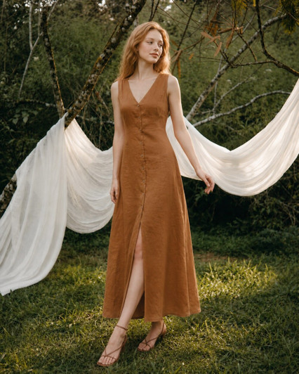 Linen Maxi Dress, Sleeveless Button Front Dress with Tie Back, Summer Vacation Dress for Resort and Brunch