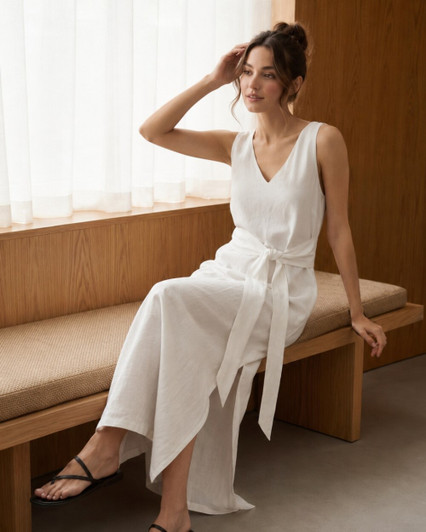 White Linen Maxi Dress, Sleeveless V Neck Dress with Waist Tie and Side Slit, Minimalist Summer Resort Wear