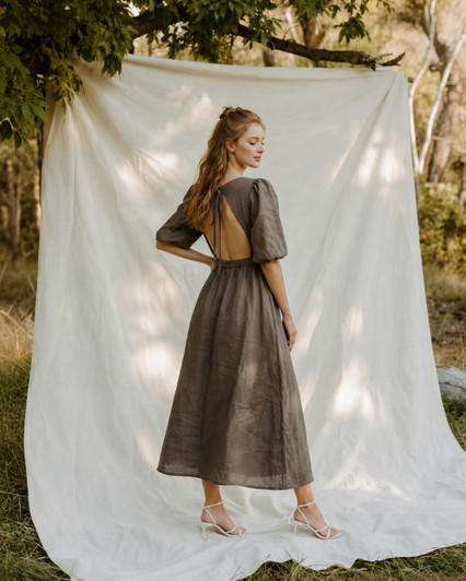 Linen Maxi Dress, Puff Sleeve Summer Dress with Open Back Detail, Cottagecore Dress for Brunch and Resort