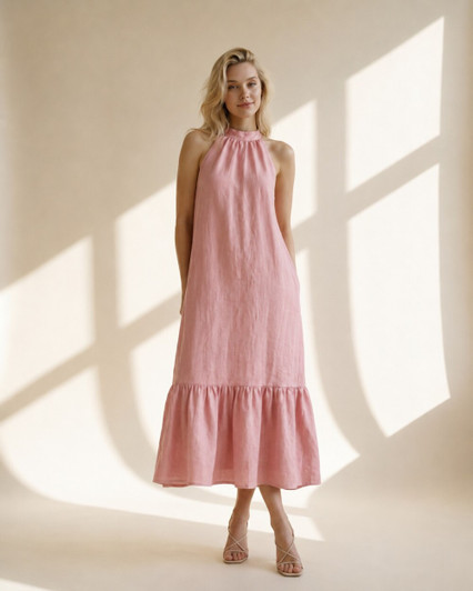 Linen Halter Midi Dress, Tie Neck Dress with Ruffle Hem and Open Back, Elegant Summer Dress for Vacation