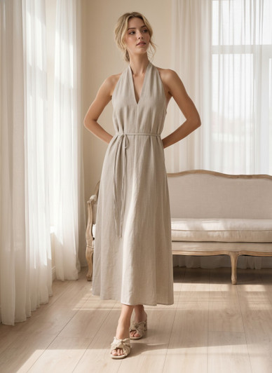 Natural Linen Maxi Dress, Sleeveless Halter Dress with Open Back Detail, Lightweight Resort Dress for Travel and Beach