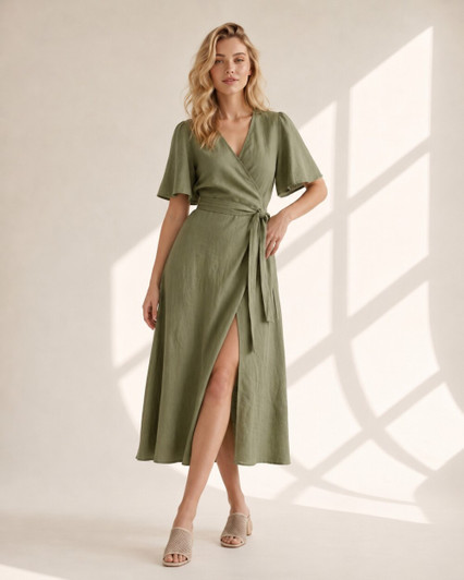 Linen Summer Dress, Wrap Midi Dress with Adjustable Waist Tie and Flowy Skirt, Chic Resort Wear for Women