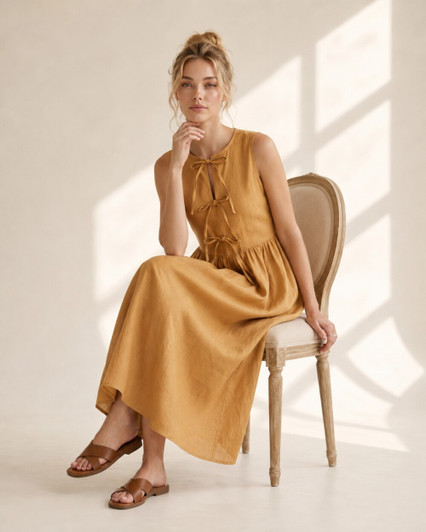 Linen Maxi Dress, Sleeveless Tie Front Dress with Keyhole Detail, Boho Summer Dress for Vacation and Resort Wear