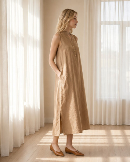 Linen Midi Dress, Sleeveless Button Front Dress with Mandarin Collar, Relaxed Summer Dress for Work and Vacation