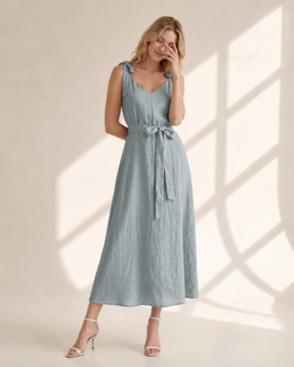 Linen Midi Dress, Tie Shoulder Dress with Smocked Back and Waist Belt, Elegant Summer Dress for Vacation and Resort