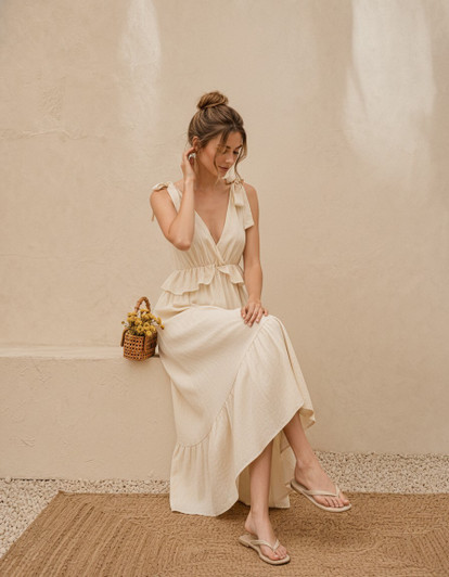 Linen Maxi Dress, Tie Shoulder Ruffle Dress, Flowy Boho Sundress for Beach Vacation, Summer Wedding Guest