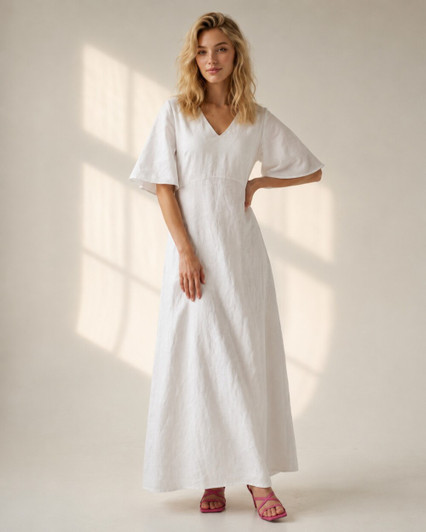 White Linen Maxi Dress, V Neck Flutter Sleeve Dress, Tie Back Summer Dress, Empire Waist Linen Wedding Guest Dress