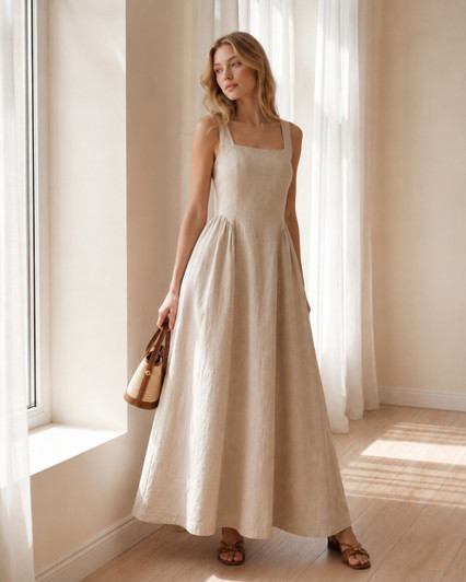 Square Neck Linen Maxi Dress, Natural Beige A Line Dress, Sleeveless Linen Summer Dress, Minimal Bridal Shower Dress