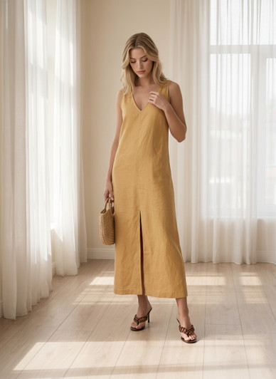 Linen Maxi Dress, Sleeveless V Neck Shift Dress with Front Slit, Minimal Summer Vacation Dress