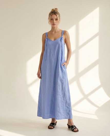 A Line Linen Dress, Sleeveless Maxi Dress with Tie Straps, Minimal Summer Vacation Dress