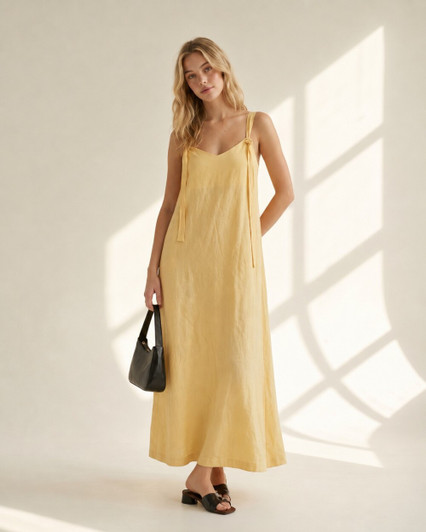 Linen Maxi Dress, Shoulder Tie Sundress with Square Back, Relaxed Summer Vacation Dress