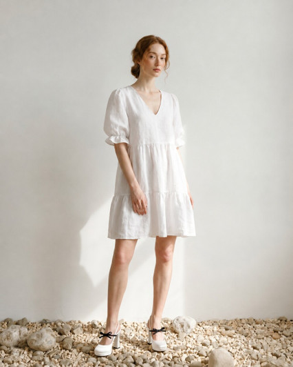 White Linen Mini Dress, Puff Sleeve V Neck Dress with Tiered Ruffle Hem, Soft Summer Dress