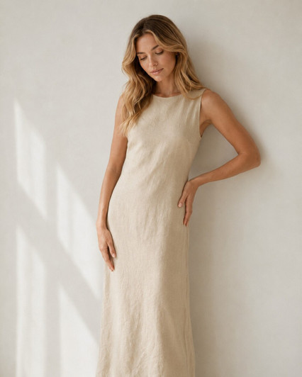 Natural Linen Maxi Dress, Sleeveless A Line Dress, Minimal Summer Dress, Textured Linen Dress, Casual Resort Wear