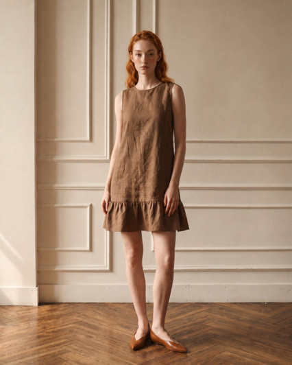 Linen Mini Dress, Sleeveless Drop Waist Dress, Ruffle Hem Summer Dress, Minimalist Linen Dress, Casual Day Dress