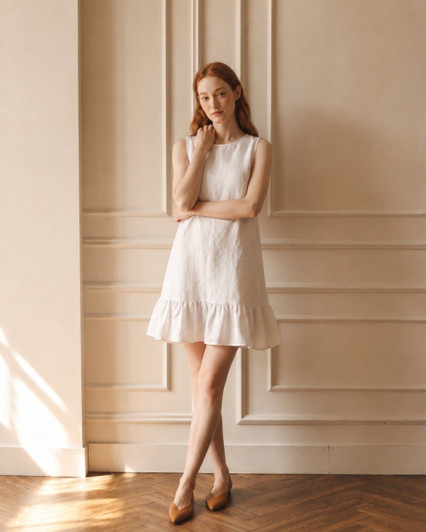 Linen Mini Dress, Sleeveless Shift Dress, Drop Waist Dress, Ruffle Hem Dress, Minimalist Summer Dress, Casual Linen Dress