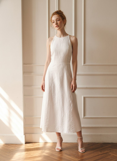 Linen Midi Dress, Sleeveless A Line Dress, High Neck Summer Dress, Elegant Garden Party Dress, Handmade Linen Dress