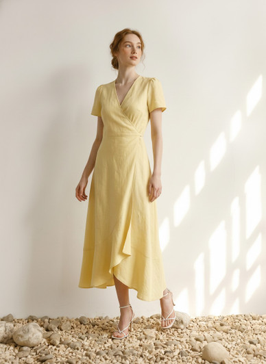 Natural Linen Midi Dress, Short Puff Sleeve Wrap Dress, Elegant Summer Dress, Garden Wedding Guest Dress, Soft Linen Dress