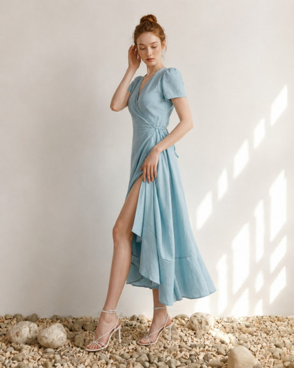 Linen Wrap Midi Dress, Puff Sleeve V Neck Summer Dress, Wedding Guest Dress, Garden Party Dress, Handmade Linen Dress