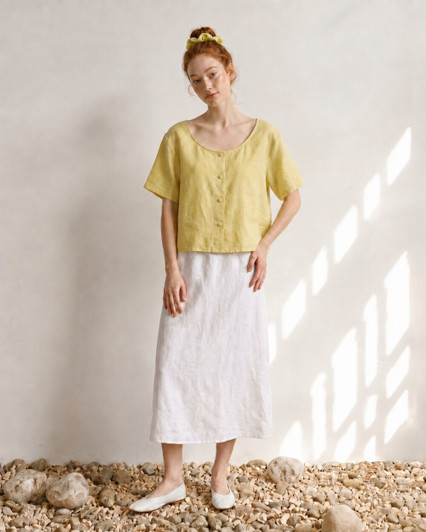 Boxy Linen Blouse, Short Sleeve Button Top, Relaxed Crop Shirt, Natural Linen Summer Top, Minimal Everyday Blouse