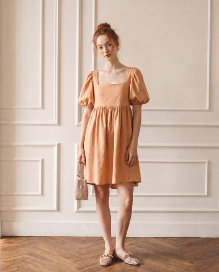 Linen Mini Dress, Puff Sleeve Babydoll Dress, Bow Back Sundress, Casual Summer Mini Dress