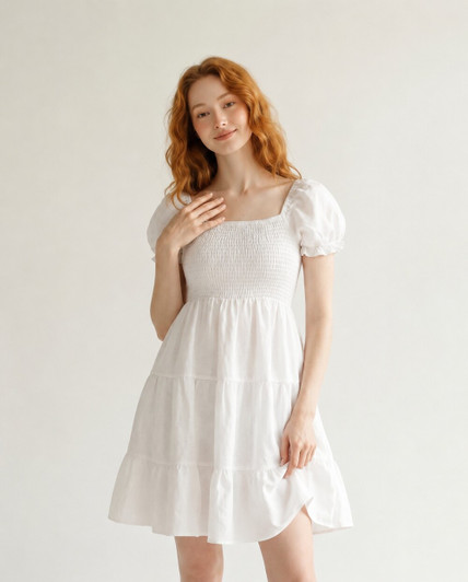 Linen Mini Dress, Puff Sleeve Dress, Smocked Bodice Dress, Tiered Summer Dress, Cute Vacation Outfit