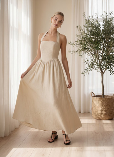 Linen Maxi Dress, Open Back Halter Dress, Elegant Summer Dress, Vacation Linen Dress, Bridal Shower Outfit