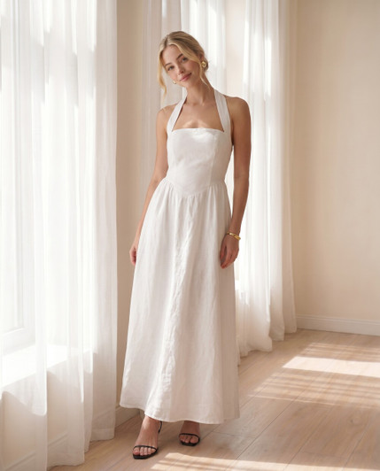 White Linen Maxi Dress, Halter Neck Backless Dress, Summer Resort Dress, Beach Vacation Outfit, Minimal Bridal Dress