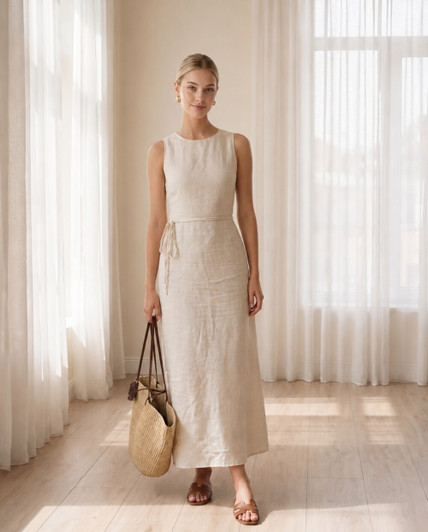 Natural Linen Maxi Dress, Sleeveless Boat Neck Dress, Side Tie Summer Dress, Minimal Resort Wear, Vacation Linen Dress