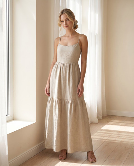 Natural Linen Maxi Dress, Tiered Summer Dress, Square Neck Sundress, Backless Vacation Dress, Resort Linen Dress