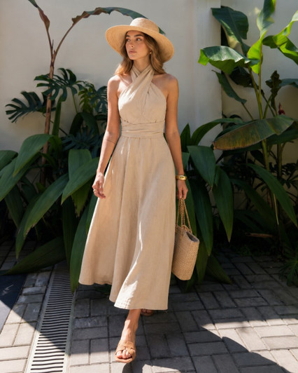 Halter Linen Maxi Dress with Tie Back and Wide Leg Skirt, Tropical Resort Dress for Beach Vacation and Summer Travel